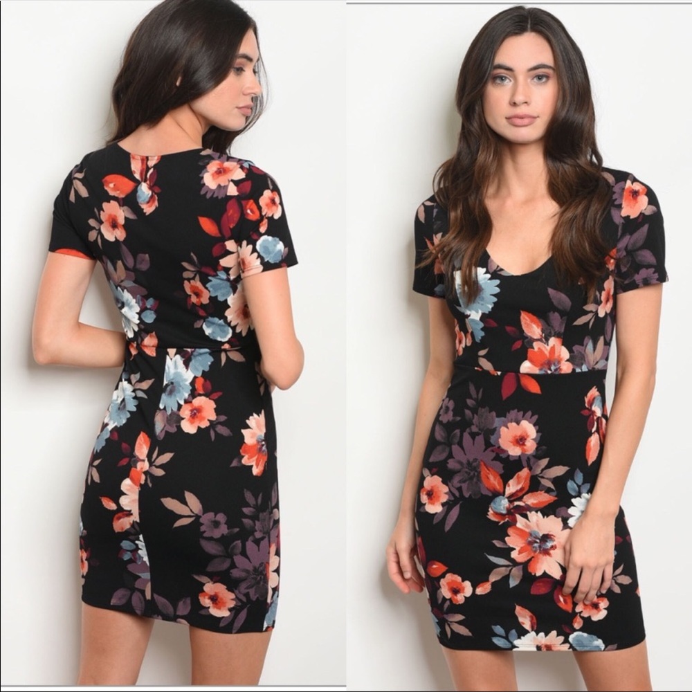Floral black V neck mini dress
